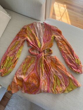 Zara Pink Orange Paisley Long-Sleeve Wrap Dress